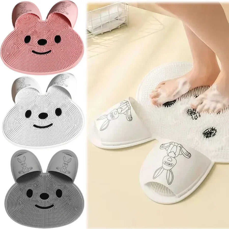The bunny scrub mat in pink, white and grey, next to a photo of bare feet scrubbing on the white mat