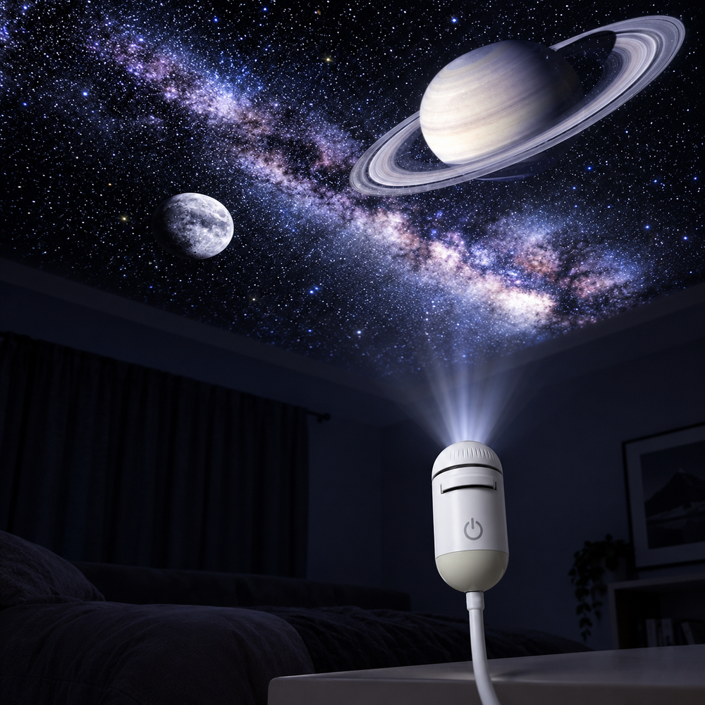 Scrubbit galaxy projector lighting up a room with stars and planets