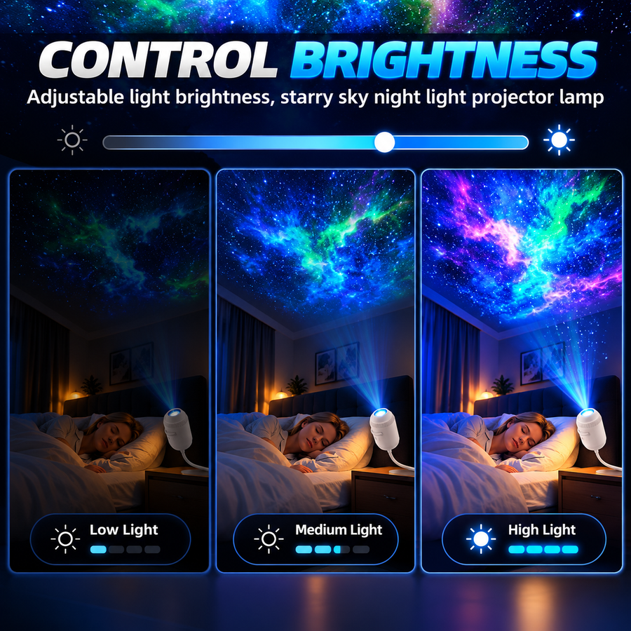 Low, medium and high brightness levels of the galaxy projector