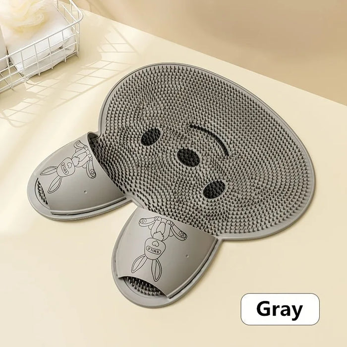 Grey bunny scrub mat on a bathroom shelf