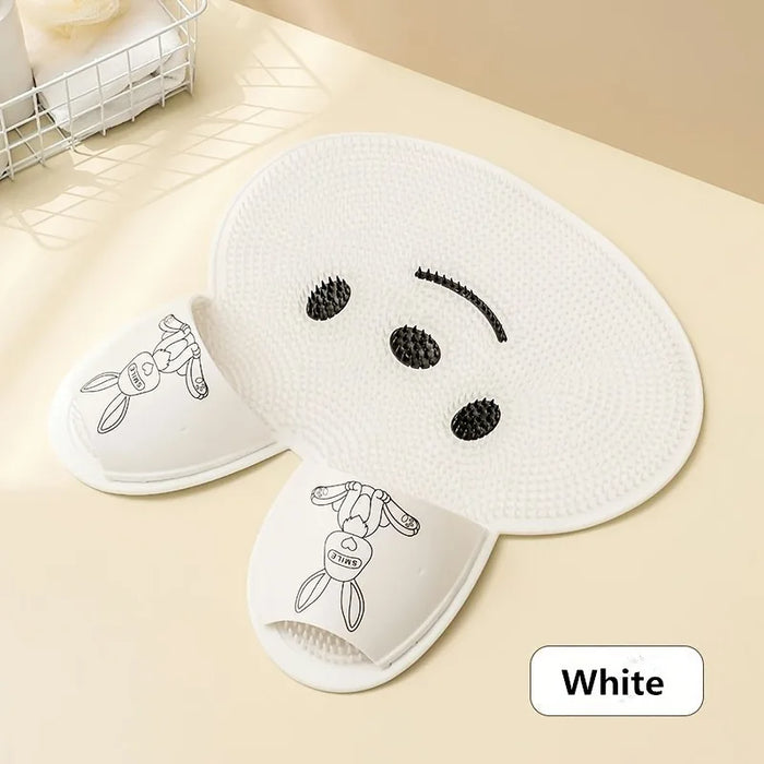 White bunny scrub mat on a bathroom shelf